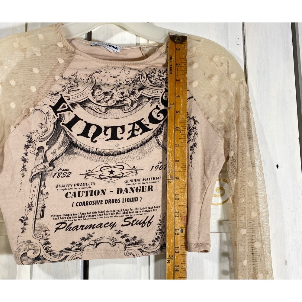 Pink‎ Pastel Goth Vintage Caution Label Crop Tee w/Mesh Bell Sleeves Size Small - Picture 3 of 10